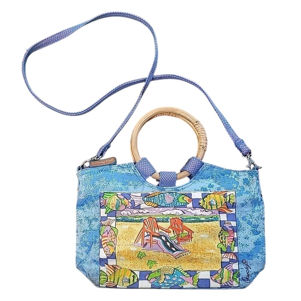 VTG Anne Ormsby Surviving Stress Canvas Bamboo Tote Bag Whimsi Art Collectible